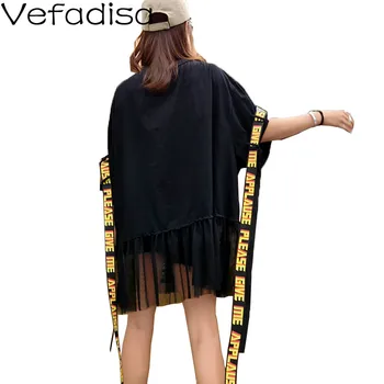 

Vefadisa Letter Ribbon Women T-shirt 2020 Summer Mesh Patchwork Plus Size Short Sleeve T-shirt Loose Streetwear Long Top QYF2364
