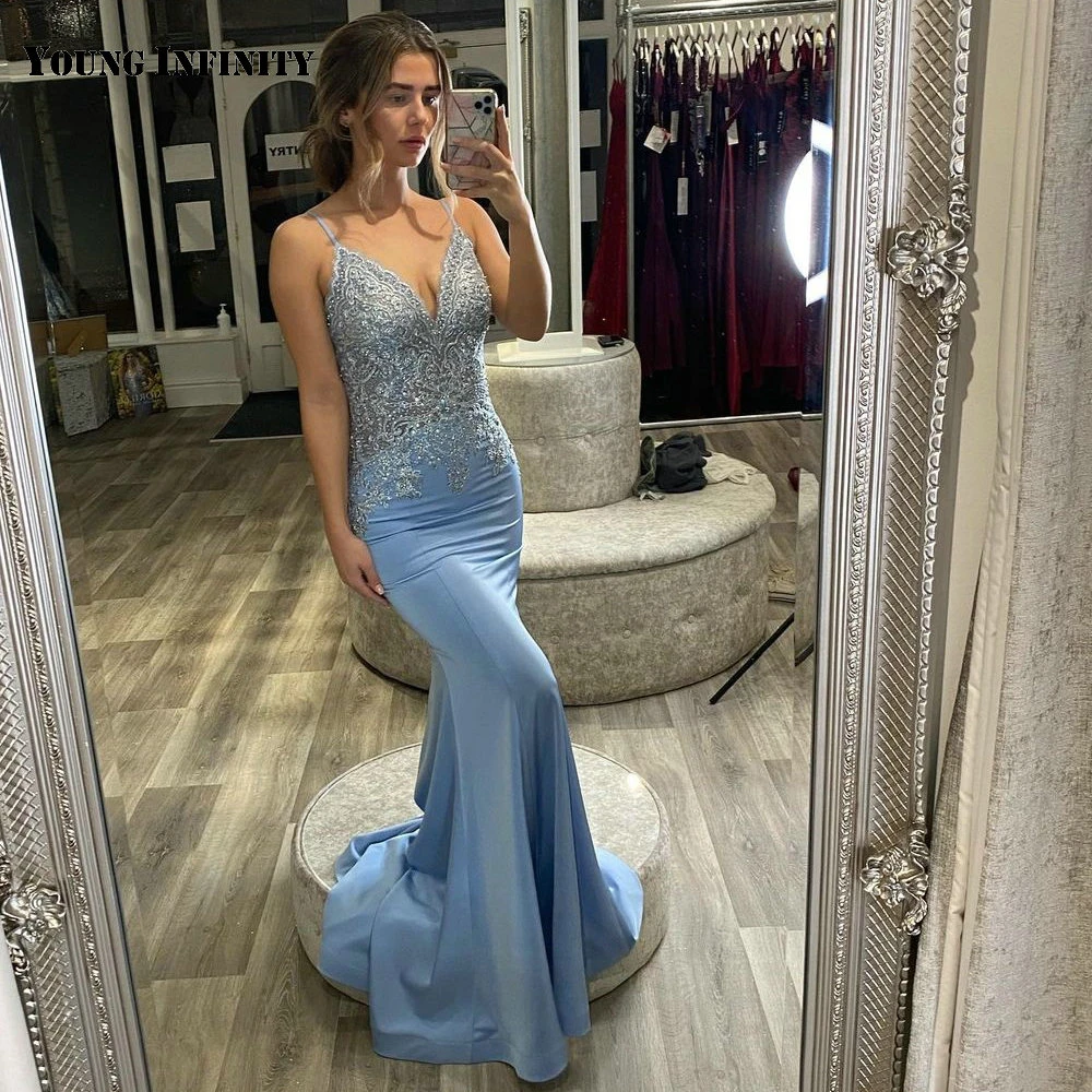 mermaid prom dresses Elegant Sky Blue Prom Dress V Neck Backless Spaghetti Straps Lace Appliques Sweep Train Floor Length Mermaid Party Gown 2021 green ball gown