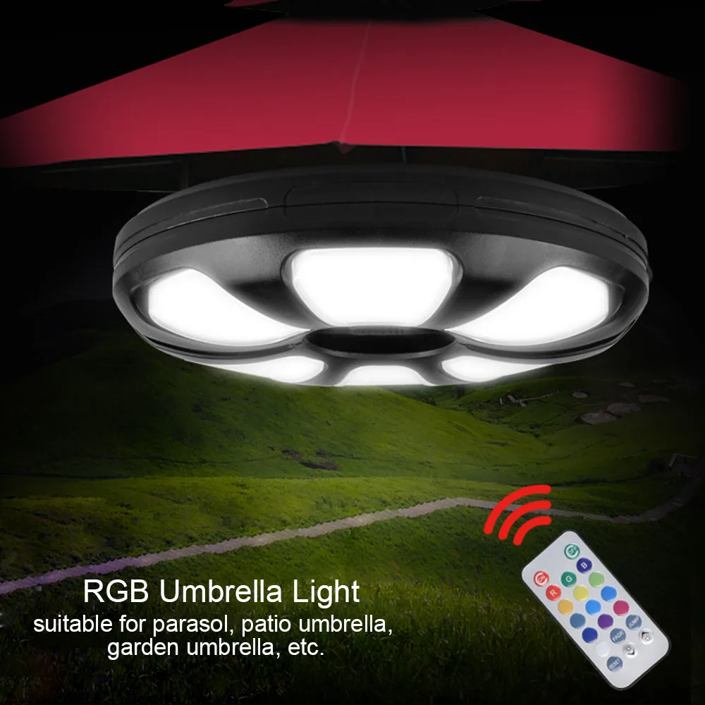 

Multi-Functional Patio Umbrella Pole Light Remote Control Rechargeable RGB Tents Lamp for Outdoor Camping Garden Hiking
