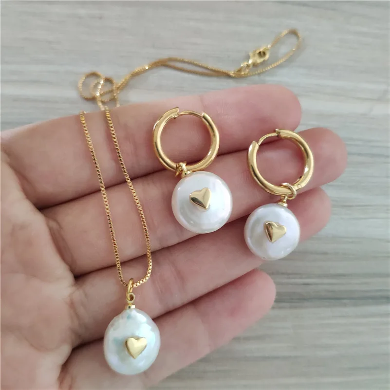 

chic tiny gold heart charm freshwater pearl bead dainty thin link hoop button stud earring choker necklace jewelry set for woman