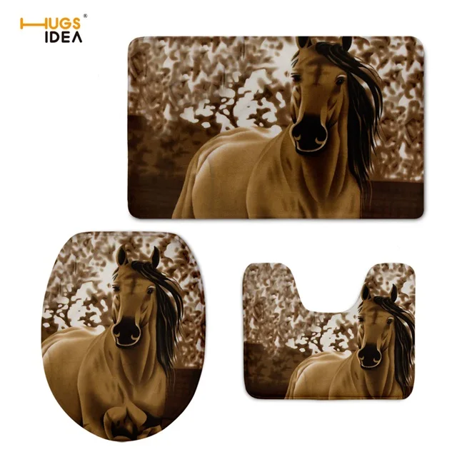 HUGSIDEA масляная печать Crazy Horse печать крышка для унитаза набор Черная лошадь на кромке скалы дизайн ванная комната Нескользящие ковры отель ковры - Цвет: HMM1101CP