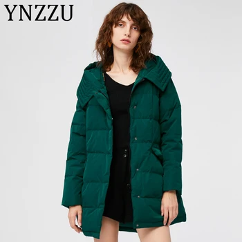 

YNZZU 2019 Winter New Green Chic Women's Down Jacket Casual Thickening Warm Hooded Duck Down Coat Fluffy Women Parkas A1268