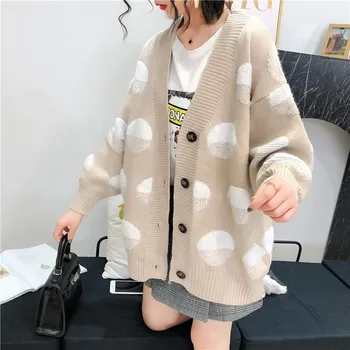 

2020 Autumn Winter Women Cardigan Blue White Polka Dot Knit Sweater Fashion Coat Plus Size Korean Clothes Long Sleeve Sweaters