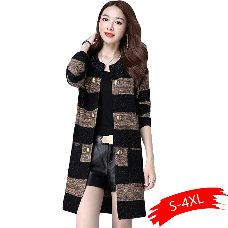 Демисезонный Новая мода Большой размер, свободного кроя Корейская версия свитер кардиганы для женщин Feminino двубортный Карманы тонкое пальто