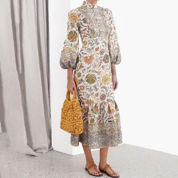 

Linen Dress Female Fall New Woman Vintage Print Long Dresses