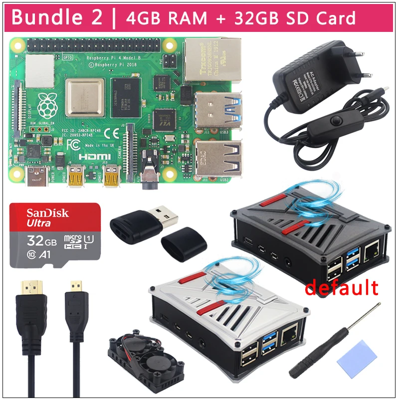 Комплект 2 UK Raspberry Pi 4 Модель B комплект+ ABS чехол+ двойной вентилятор+ радиатор+ переключатель адаптер питания дополнительно 64 32 Гб SD карта и ридер - Комплект: Комплект 2