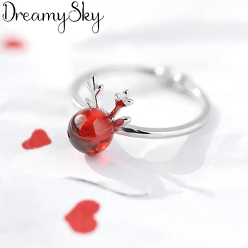 

DreamySky New 925 Sterling Silver Crystal Red Deer Antlers Rings For Women Men Boho Vintage Jewelry Adjustable Size Finger Rings