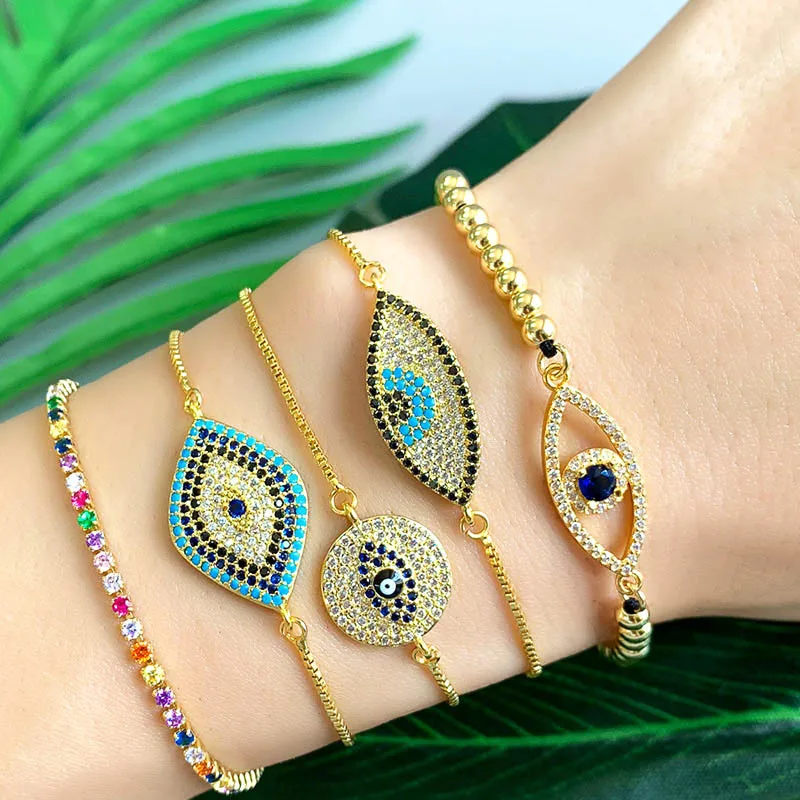 СГЛАЗА CZ персонализированные браслеты для женщин Модный Дизайн Кристалл голубые глаза браслет ювелирные изделия массивные золотые бусины браслеты