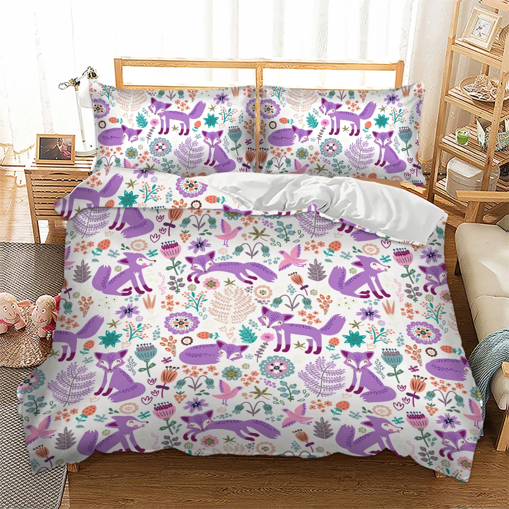 Cartoon Fox Bedding Set Purple color Duvet Cover pillowcase kids bed