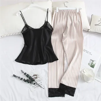 

Women Lace Suspenders Pajamas Pants Suit V-neck Sexy Sleepwear Set Loose Backless Kimono Bath Gown Sumer LADY Home Clothing1