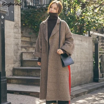 

Blends Women Plaid Retro Loose Turn-Down Collar Korean Style Ulzzang All-match Open Stitch Winter Outerwear Students Harajuku