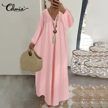 

Bohemian Long Dress Celmia Women Summer Long Lantern Sleeve Casual Lace Stitching Maxi Sundress Sexy V neck Ruffles Beach Robe