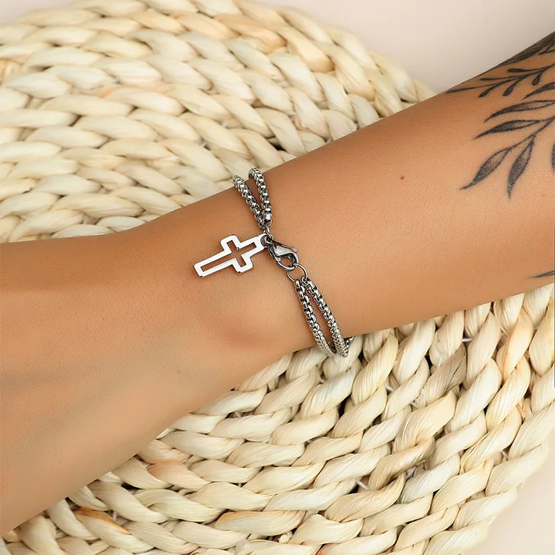 Stainless Steel Bracelet Forman Cross Double Chain Cross Connection Bracelet Jewelry Wholesale
