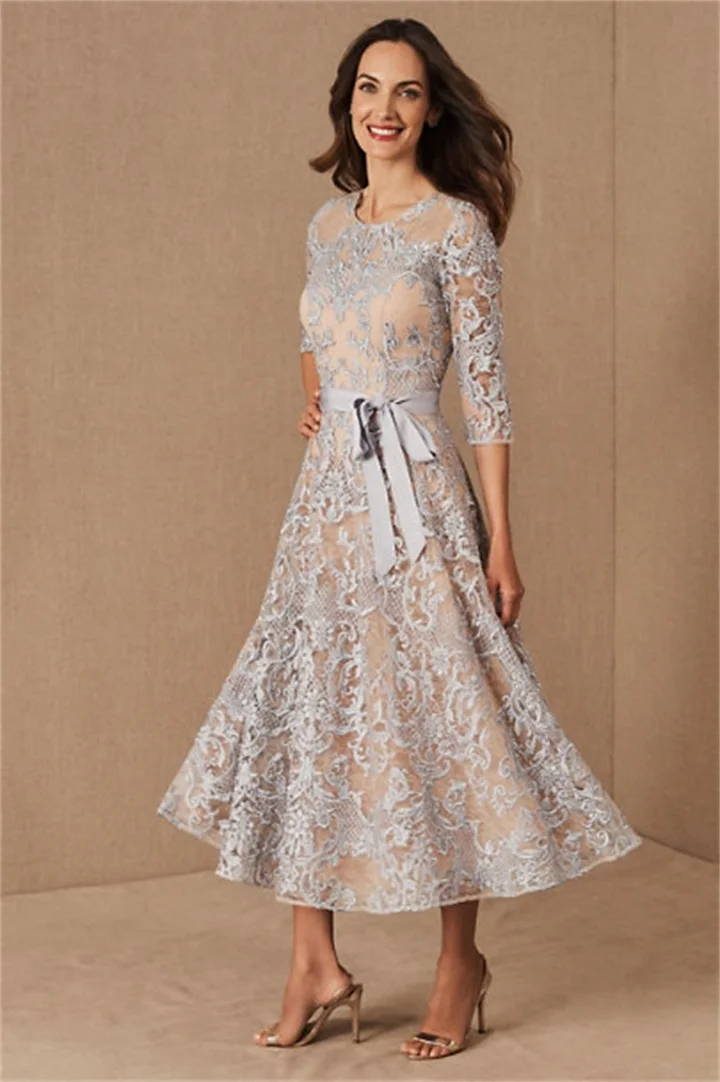 US $107.10 Lace Mother Of The Bride Dresses With Lining Jewel Neck A Line Cheap Wedding Guest Dress Tea Length Cheap Groom Mother Gowns