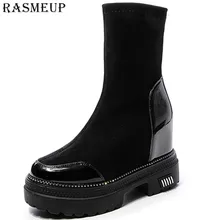 RASMEUP/эластичные женские ботильоны, увеличивающие Рост 10 см модные Осенние Теплые женские ботильоны на толстой подошве обувь на не сужающемся книзу массивном каблуке