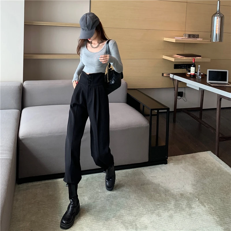 khaki pants YUANYUANJYCO Spring Autumn Women Long Casual Harem Pants Korean Style Fashion High Waist Buttons Khaki Black Cargo Trousers black cargo pants