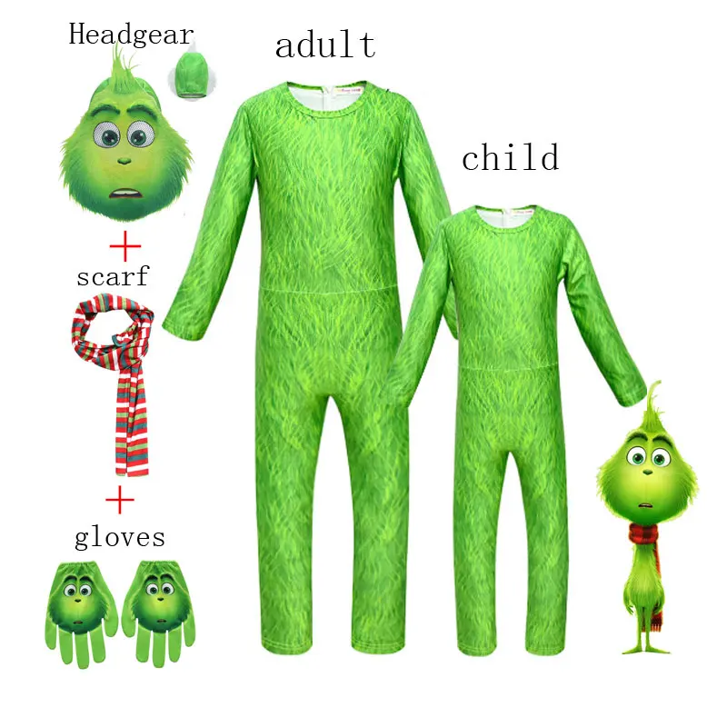 4PCS Set New The Grinch Christmas Costume Cosplay Green haired Monster Jumpsuit Clothes Kids Halloween Girls