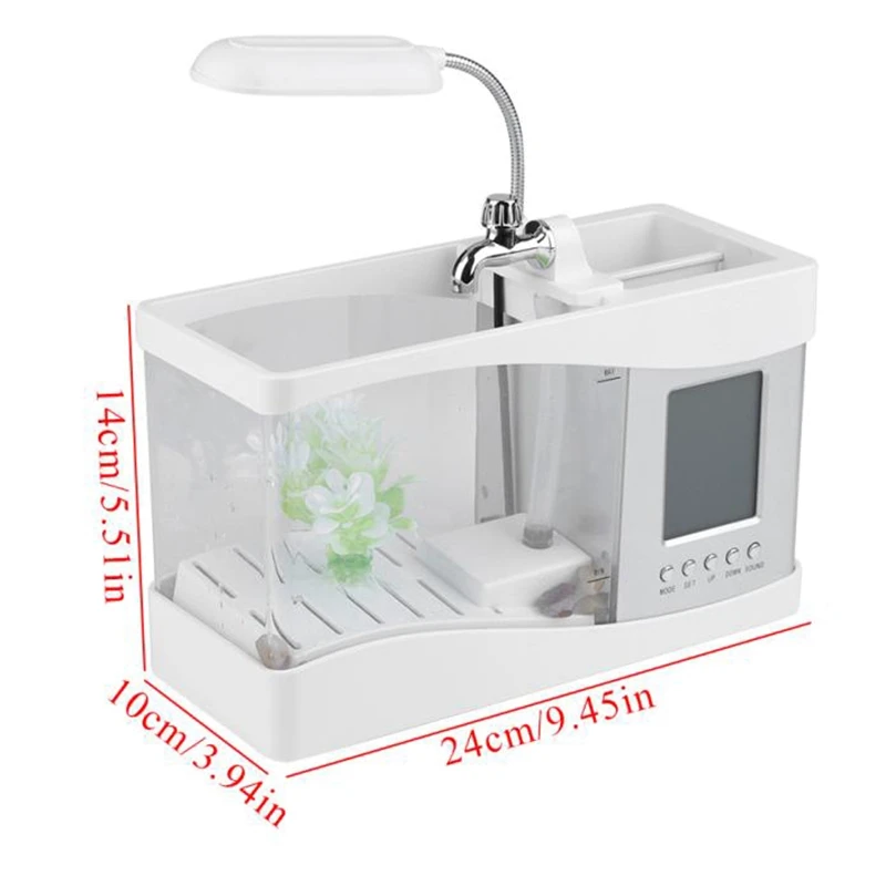

Hot Sale Aquarium USB Mini Aquarium Fish Tank Aquarium with LED Lamp Light LCD Display Screen and Clock Fish Tank White