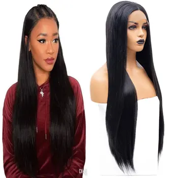 

Bombshell Black 13*3 synthetic silk straight lace front wig, no glue heat-resistant fiber wig, suitable for women's daily wig