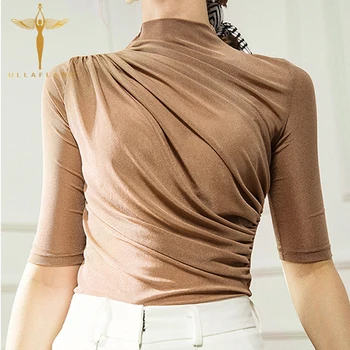 

Spring and Autumn Quality Commuter Solid Color Slim Pleated Small High-Collar Mid-Sleeved Tops Mesh Bottoming Shirt Women Tide