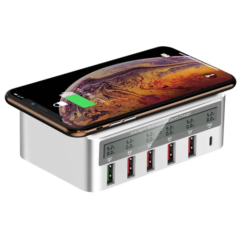 

Universal 100W 5x USB QC 3.0 & Type C PD Fast Charger Adapter Qi Wireless Charger Station for iPhone ipad Samsung Xiaomi Huawei
