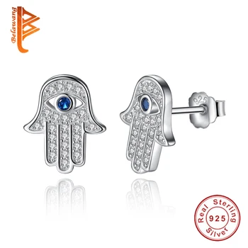 

Original 925 Sterling Silver Blue Lucky Eye Hamsa Hand Stud Earrings For Women with Clear CZ Crystal Earrings Jewelry Gift