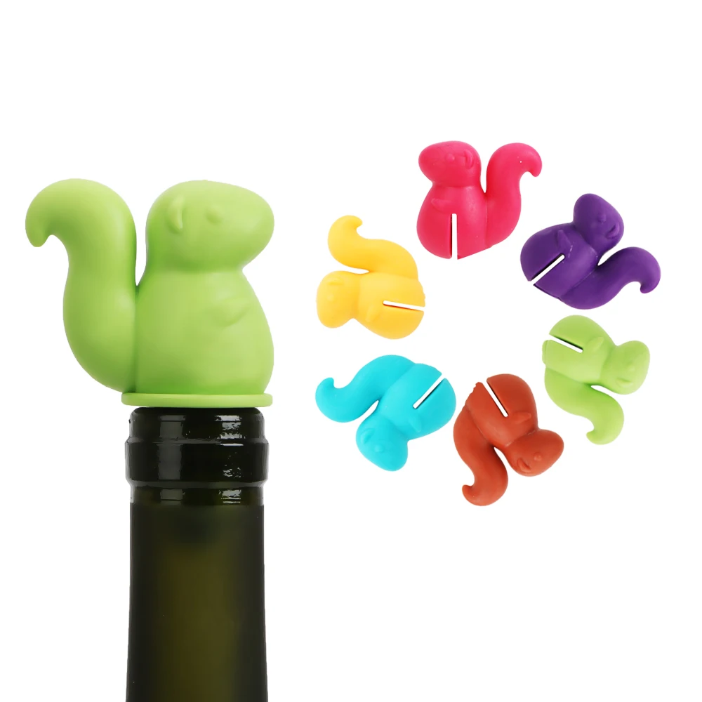 7 pcs/set Cute Squirrel Shape Wine Bottle Stopper Wine Cork Plug Drink Cup Mixproof Silicone Marker Rubber Wine Glass Label
