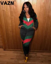 VAZN MYP8836 estampado de otoño Sexy 2019 cremalleras negras conjunto de pantalón largo de manga larga 2 piezas conjuntos de noche Club elegante viento conjuntos(China)