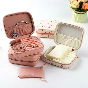 

Portable Jewelry Box Organizer Travel Leather Jewellery Case Storage US Stock Cherry PU Leather Jewelry Box