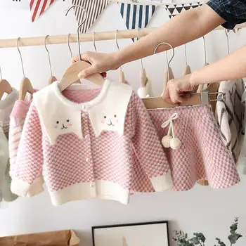 

Kuulee Baby Girl Lovely Sweet Cartoon Plaid Cat Sweater + Pompom Skirt Two Piece Suit Outfit