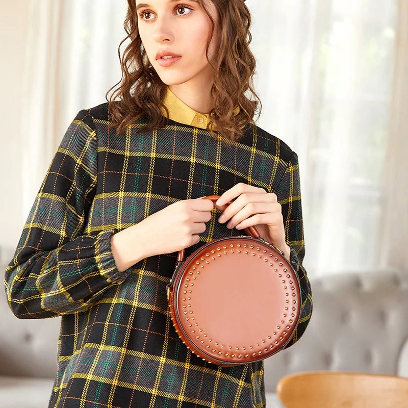 

2020 hot Top quality designer brand new genuine cowhide leather women round handbag stud luxury shoulder bag tote purse pt36