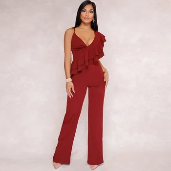 

Bodycon V Neck Sleeveless Summer Romper Jumpsuit Woman Nice Strapless Ruffles Women Overalls Solid One Piece Oversized Outerwear