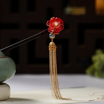 

Chinese Hanfu Dress Step Shake Hairpins Clips Long Tassels Red Crystal Flower Wooden Hair Fork Bride Noiva Wedding Hair Sticks