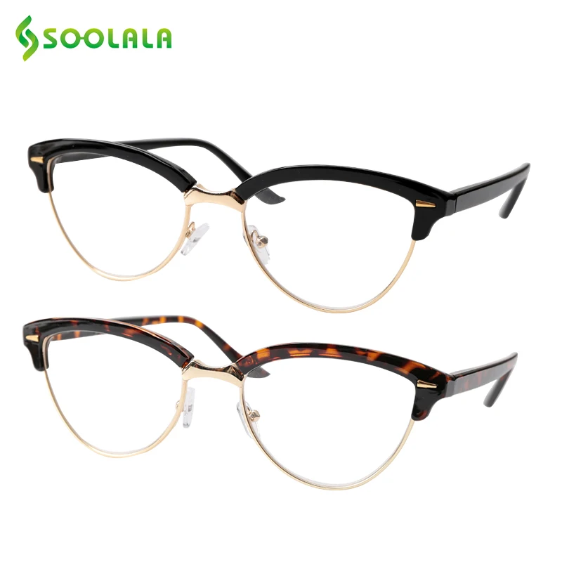 SOOLALA, 2 шт, кошачий глаз, полуоправы, очки для чтения, женские солнцезащитные очки, очки для чтения, Пресбиопия, очки для чтения с чехлом