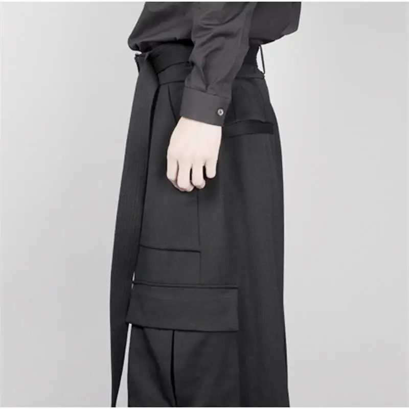 Men's new Japanese niche design singer stage style simple high-waist pants ultra long A-word bell bottoms wide leg pants