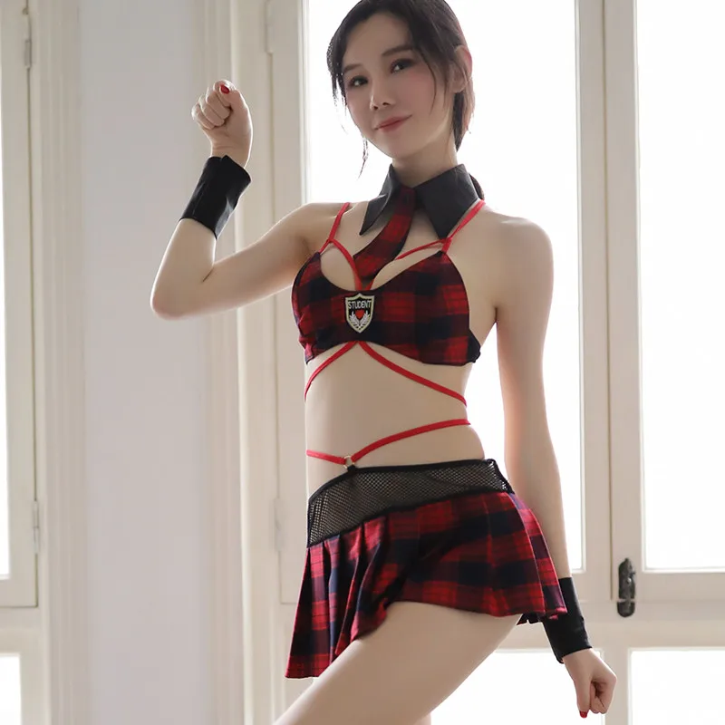 

Scottish Student Uniform Pleated Skirt Cosplay British Style Cross Straps Mini Pleated Skirt Set Sexy Sailor Lolita Grid Costume