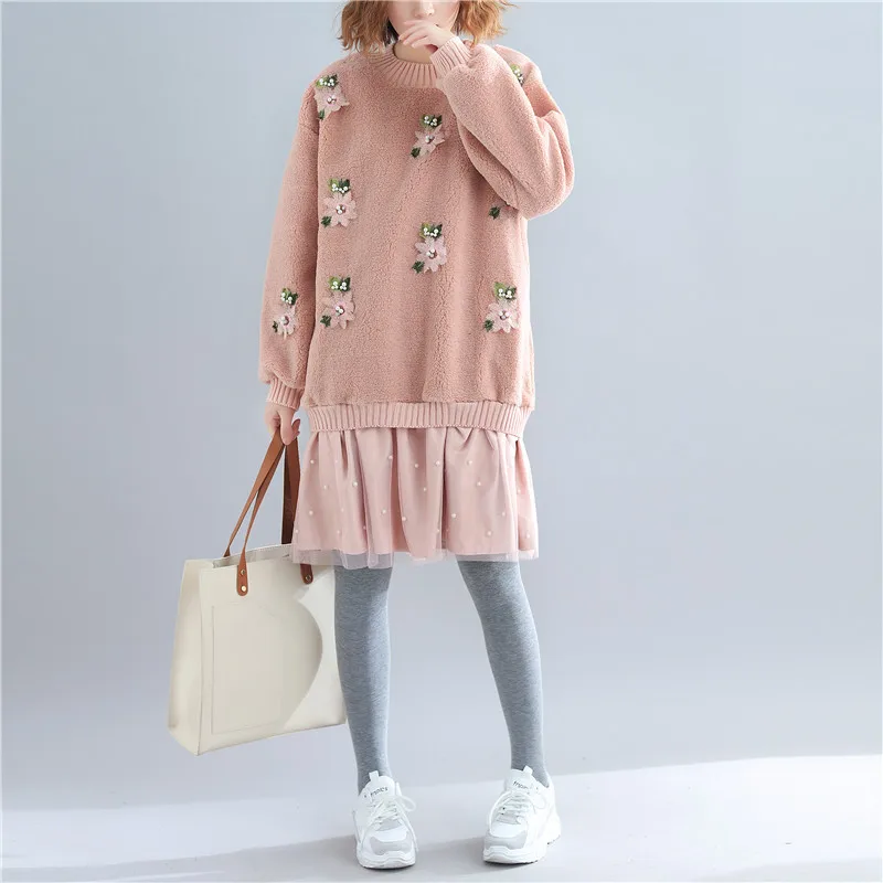 

Johnature 2019 Winter New Korean Patchwork Floral Mesh Loose Women Dresses Thicken Warm Sweet Casual Pink Female Dress