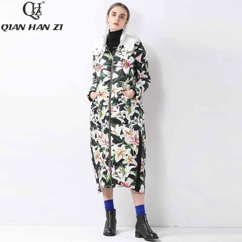 

Qian Han Zi 2019 Brand Lily Print Warm down jacket X-Long coat Women's Thick Winter High Quality Casual coat Female Overcoat