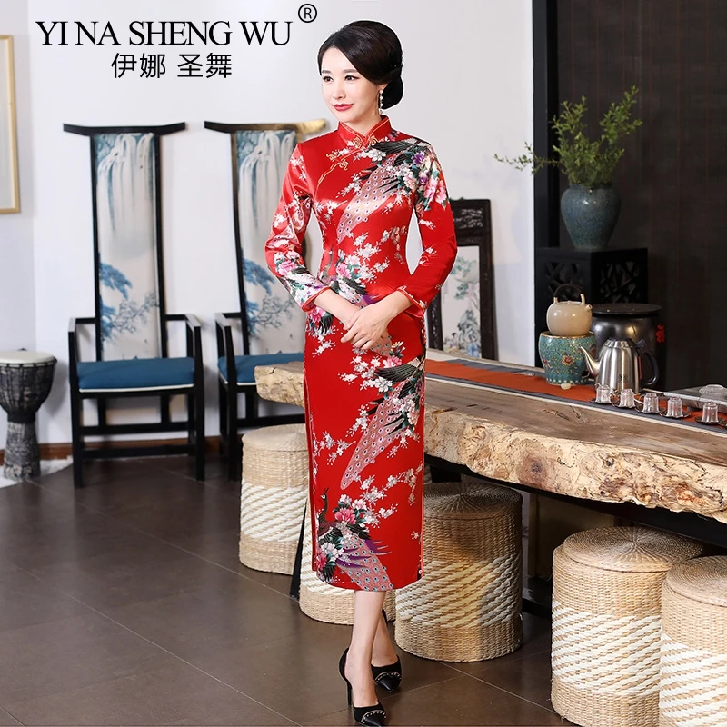 Chinese Evening Stain Cheongsam Peacock Pattern Long Dress China Satin Retro Self-cultivation qipao Banquet Team Catwalk Dress