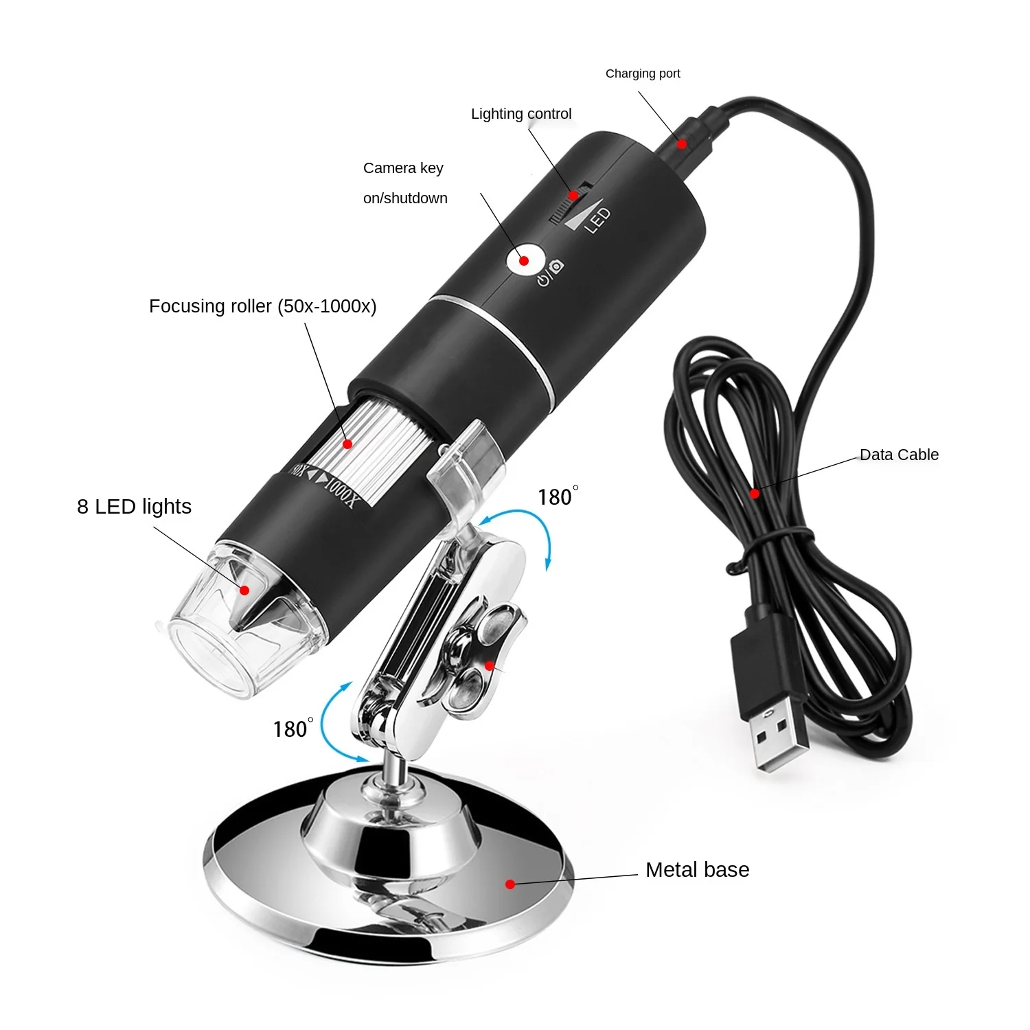 

Portable HD 2 million pixels 1000 times WiFi electronic digital microscope LED lamp metal base 180 degree rotation