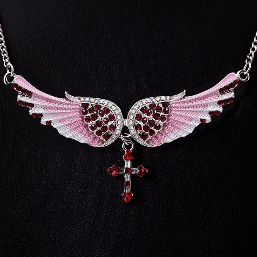 Sexy Women Statement Choker Necklace Shellhard Crystal Angel Wings Cross Chain Pendant Necklaces Fashion Jewelry Gift