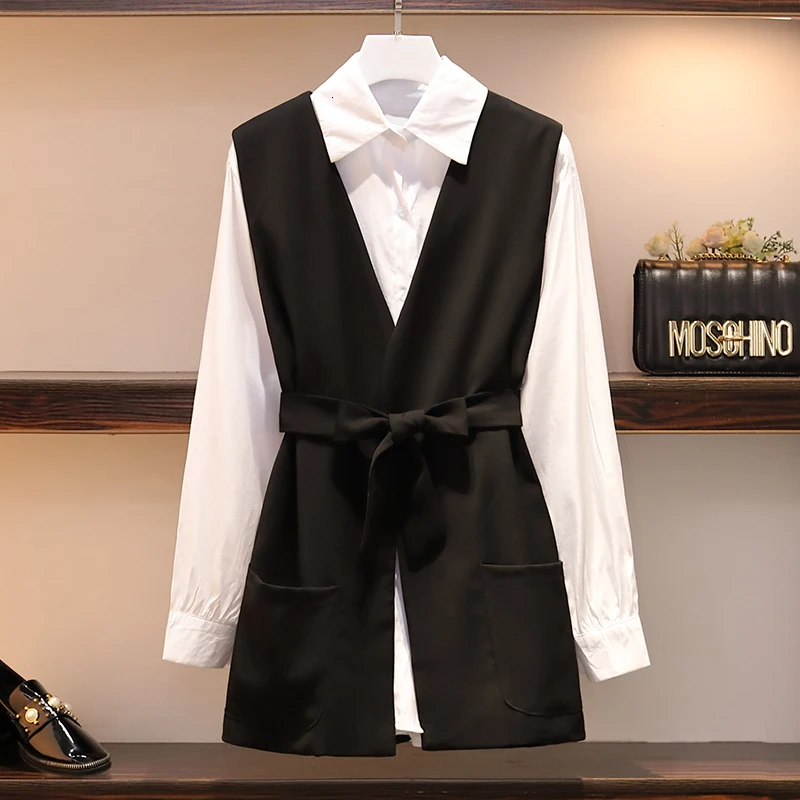 XL-5XL размера плюс женский комплект из двух частей осень модные белые хлопковые рубашки с длинным рукавом и длинный Блейзер Куртка с поясом