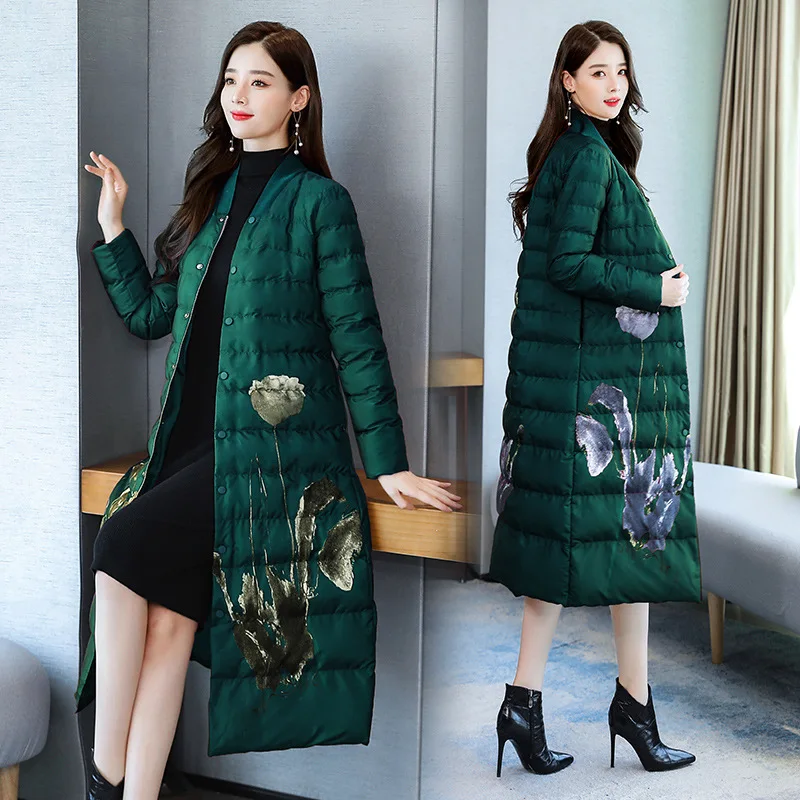 

Main Push a Large Amount Now Thick Printed 2019 Winter Mid-length Warm Cotton-padded Clothes Fashion Elegant Stand Collar Korean
