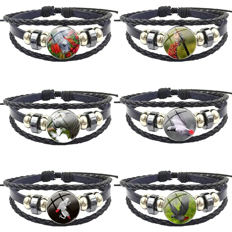 For Women Choker Glass Cabochon Black Leather Bracelet Bangle Vintage Handmade Jewelry Congo African Red Tail Grey Parrot | Украшения и