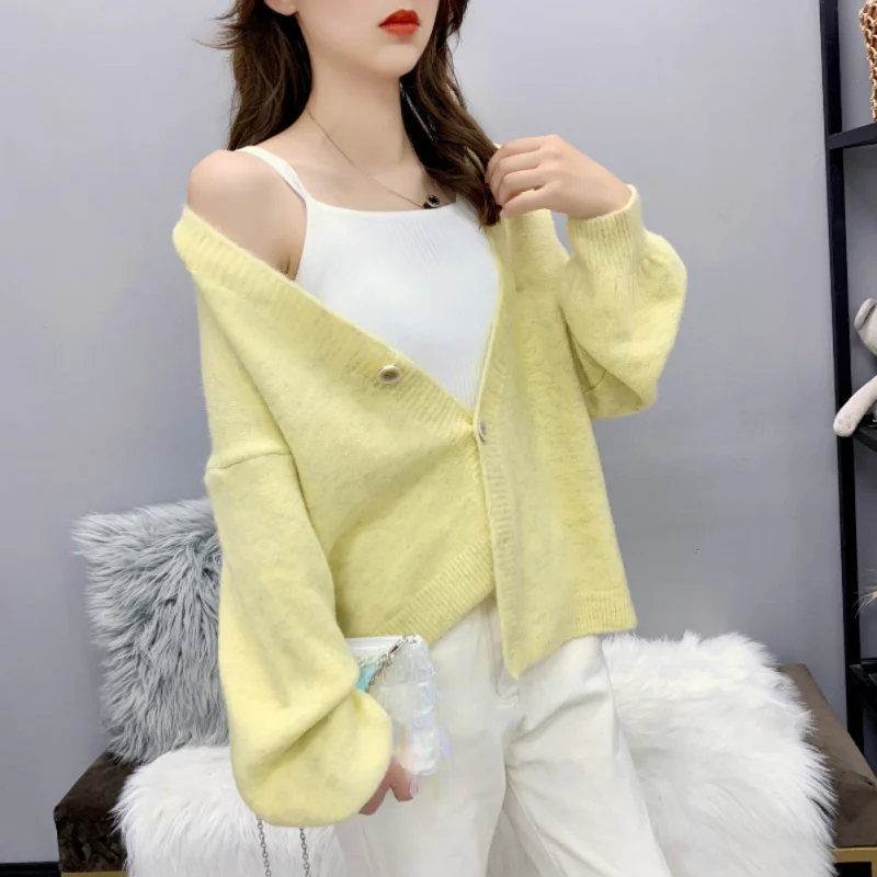 Korean Style Spring Autumn Sweet Loose Lazy Wind Button Knit Cardigan Pocket Jumper Sweater Long Lantern Sleeve Coat Women