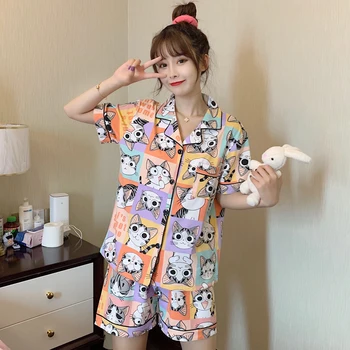 

Women Summer Pajamas Set Cute Checkered cat Print Short Sleeve Sleepwear Turn-down Collar Lounge Female Nightwear M-XXL