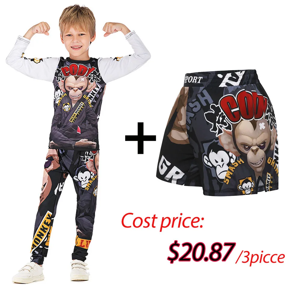Kids MMA Rashguard BJJ GI T-shirt +Pants Jiu Jusit Tight Trousers Muay Thai Shorts 3Pcs/Set Children MMA Compression Sportsuits 4