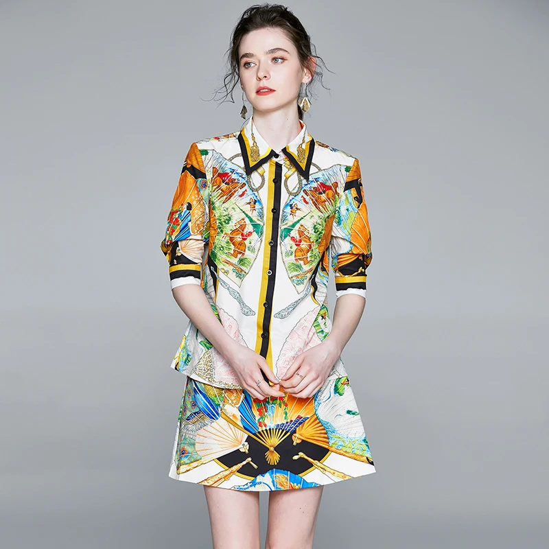 

Designer Fan-shaped Pattern Print Suit Set Women Short Sleeve Button Down Shirt Blouse Mini Skirt Set Two Pieces Set k6387