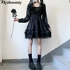 Japanese Lolita Style Women Princess Black Mini Dress Slash Neck High Waist Gothic Dress Puff Sleeve Lace Ruffles Party Dresses 1