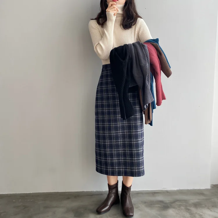 Mooirue Spring Woman Woolen Skirt Vintage Harajuku High Waist Lattice Long Woolen Loose Fit Female Saia